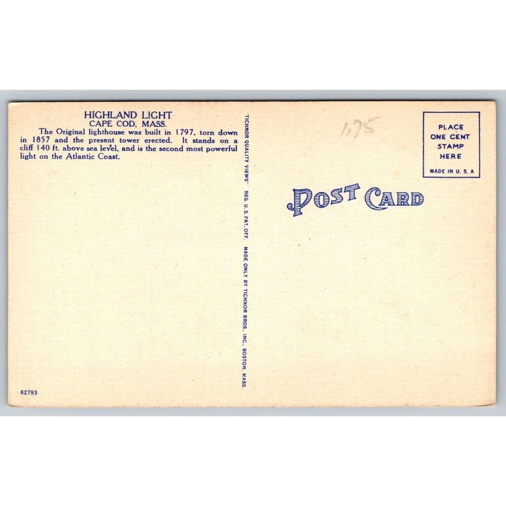 Vintage Highland Light Cape Cod MA Linen Postcard Tichnor Bros 62793 Unposted